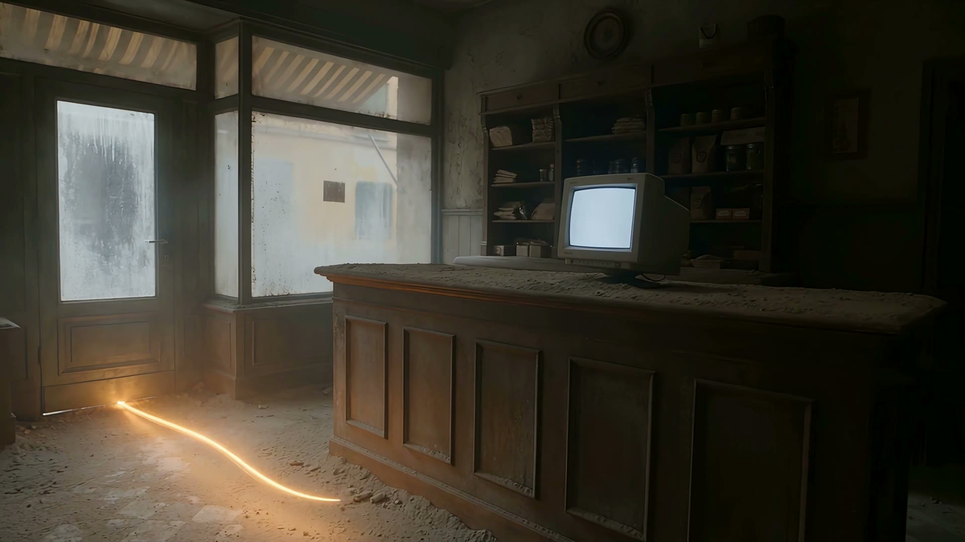 The dusty shop, a ribbon of golden light slipping under the door