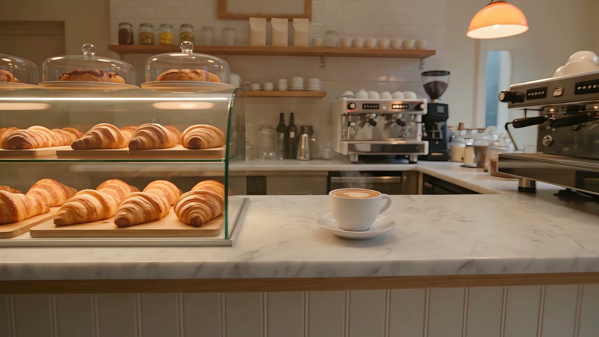 The same shop reborn, the marble counter, croissants and an espresso cup