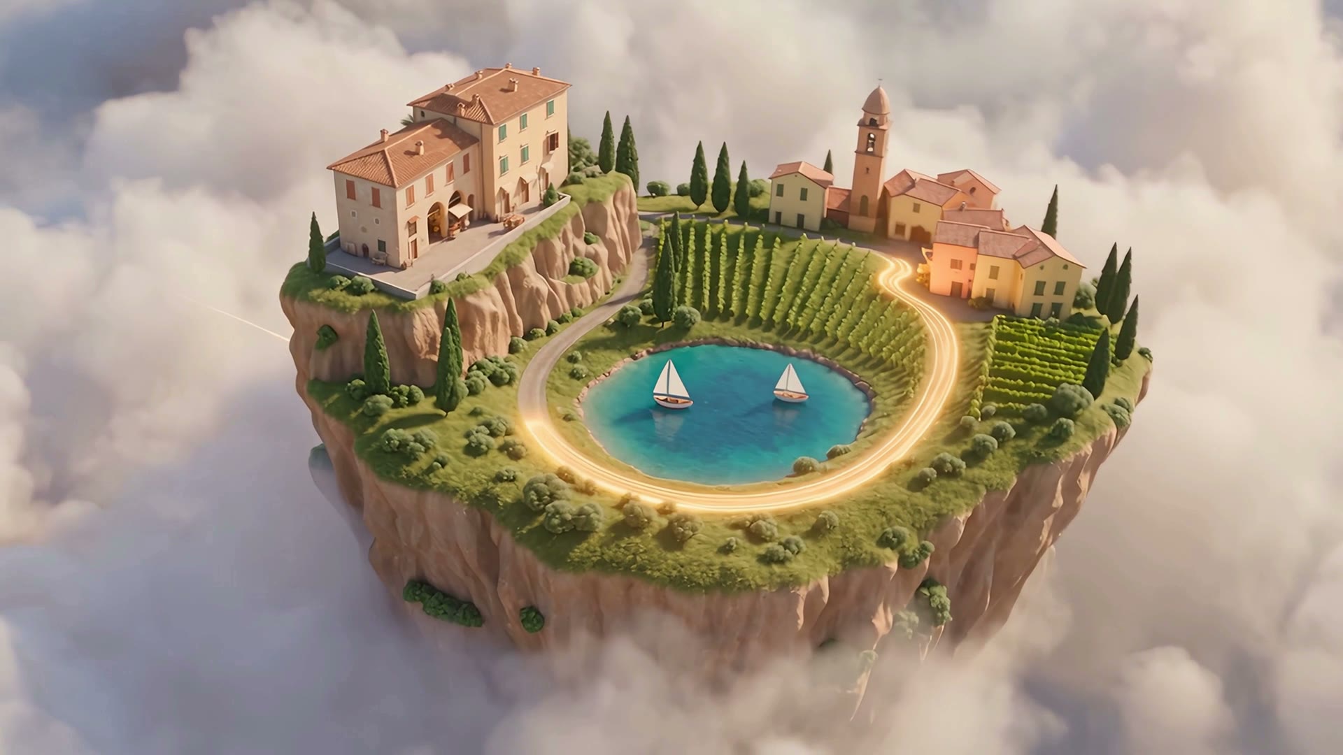 An illustrated island floating in the clouds, with a hotel, a lake and vineyards