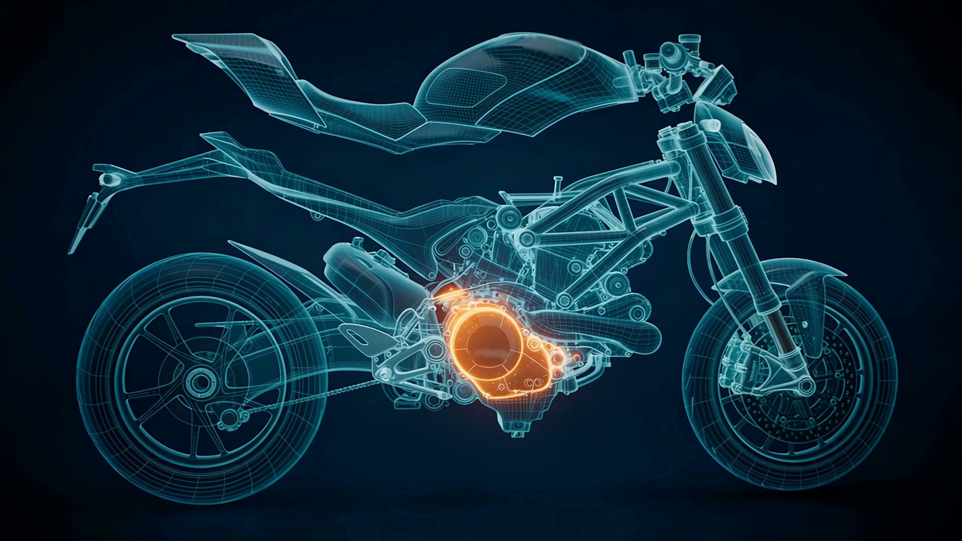 A motorcycle in lines of blue light, its engine glowing orange