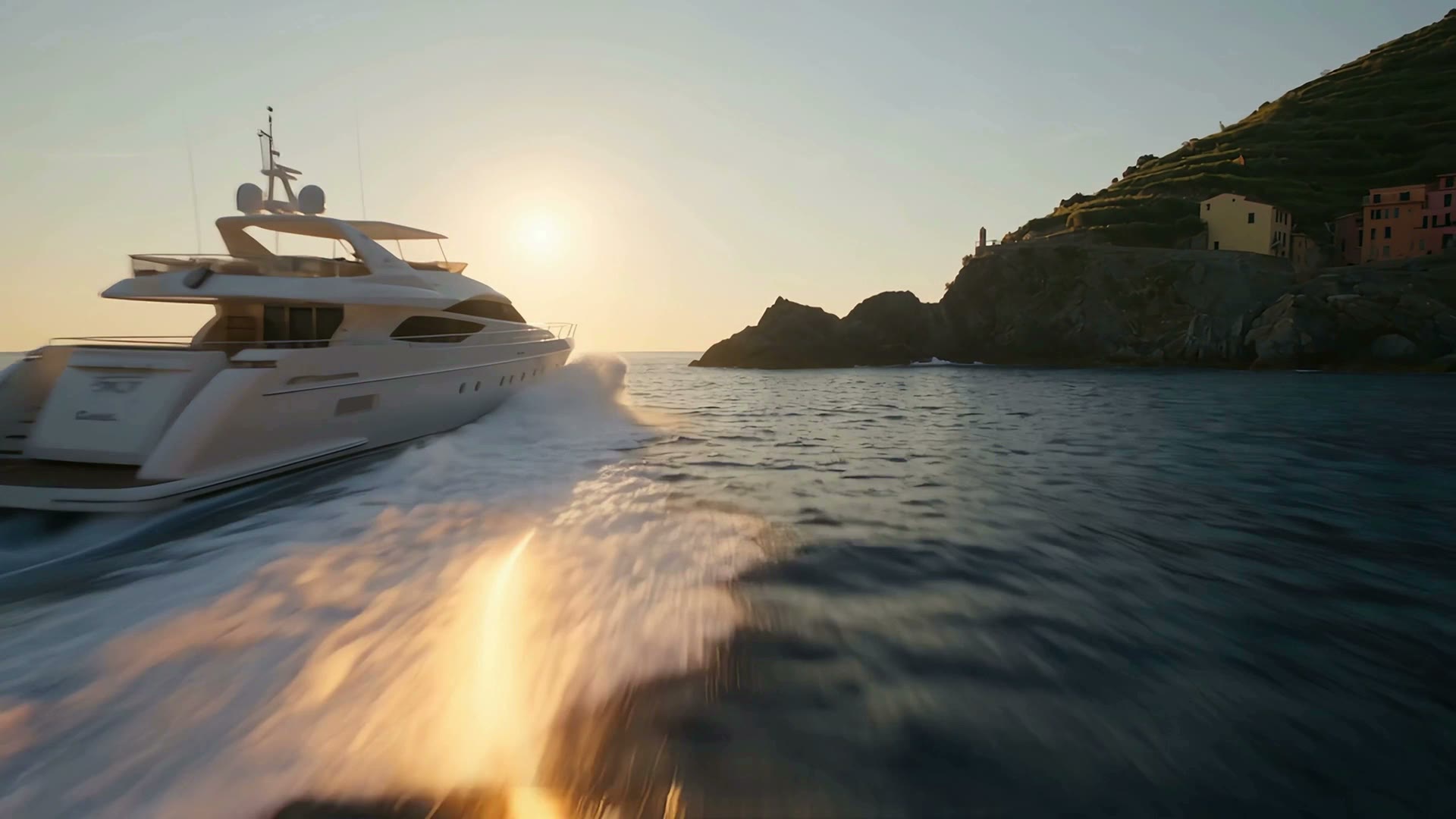 A low flight over the sea at sunset beside a white yacht