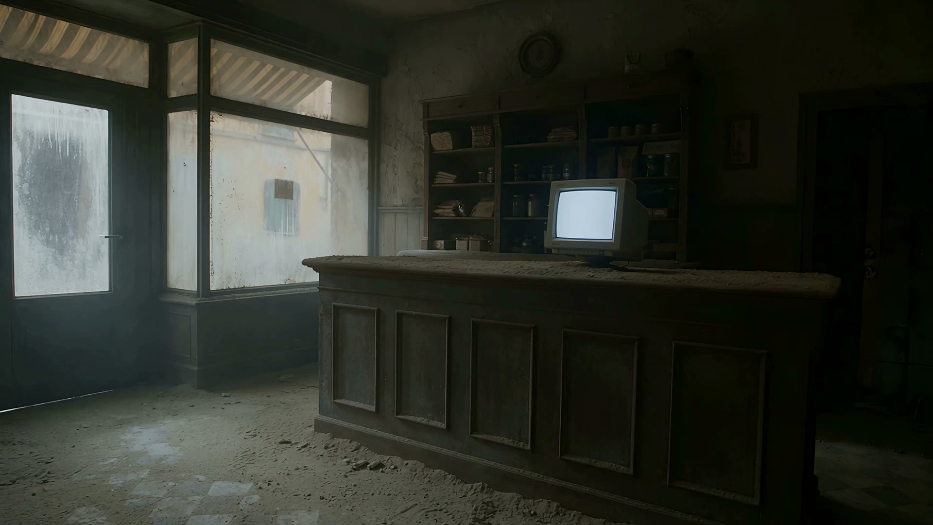 A small forgotten shop at dawn, a dusty counter and an old computer screen glowing