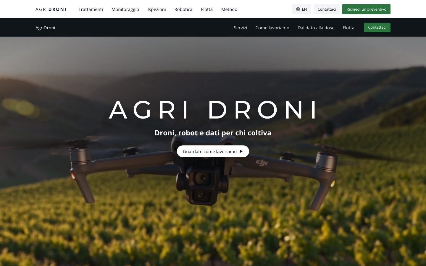 The AgriDroni home page, with the drone over a wheat field at dawn