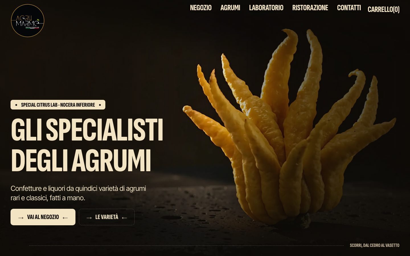 The AgruMarmè home page, with the headline and the citron on basalt