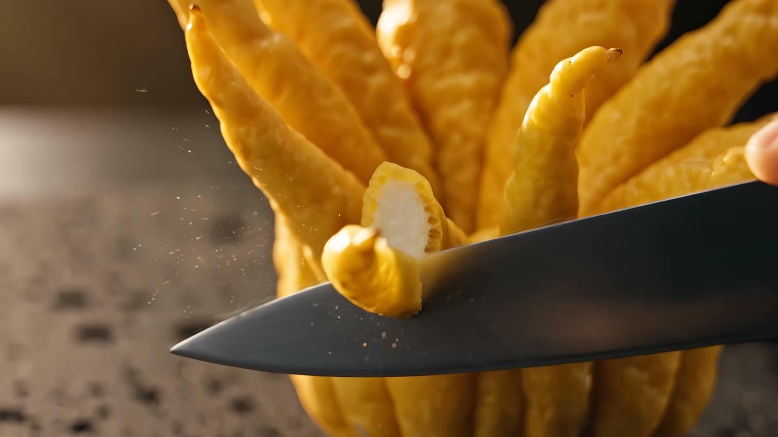 A Buddha's hand citron on a basalt slab in afternoon light