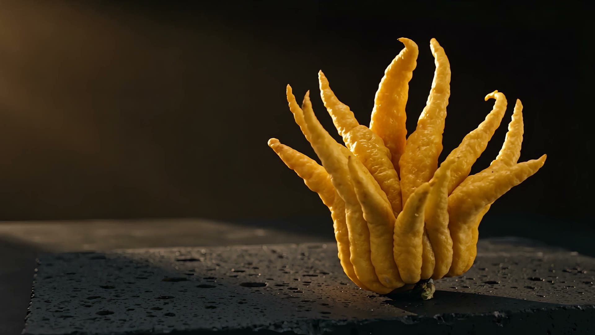 A Buddha's hand citron on a basalt slab in afternoon light