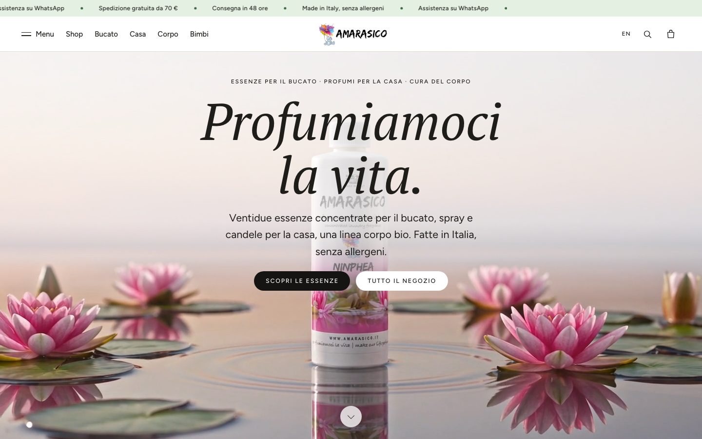 The Amarasico shop home page, with a bottle among water lilies and the brand's headline