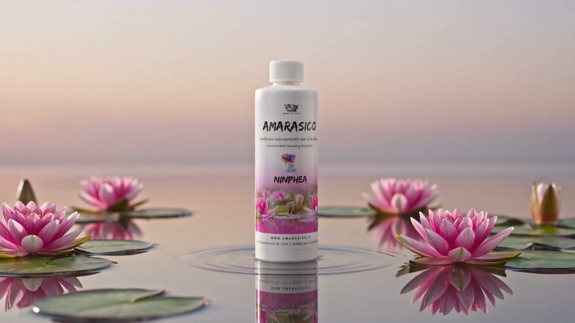 Amarasico bottles, spray and scented card on marble with yellow freesias