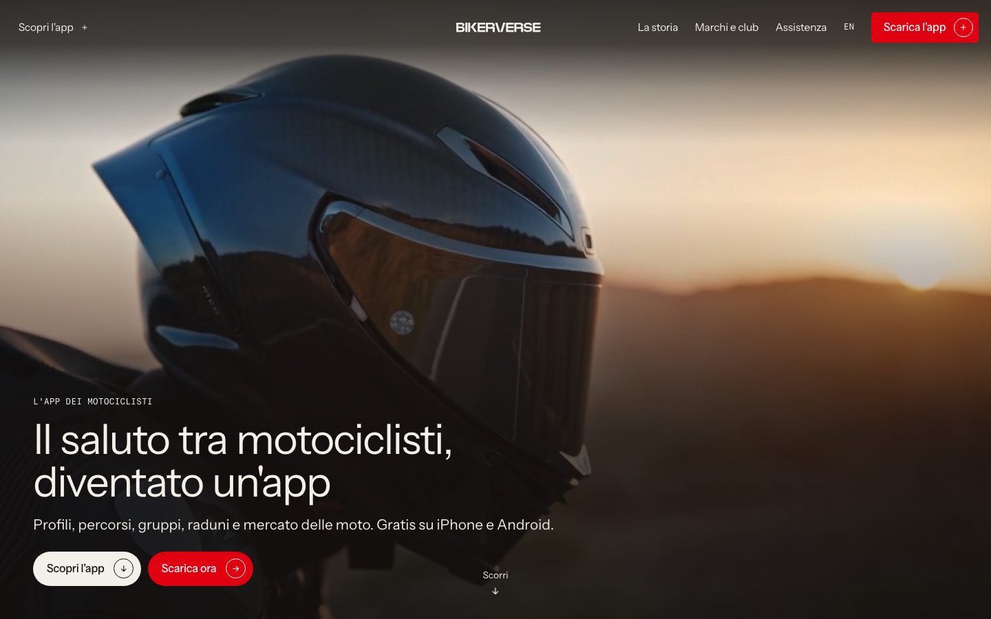 The Bikerverse home page, with a rider in profile and the sea at sunset