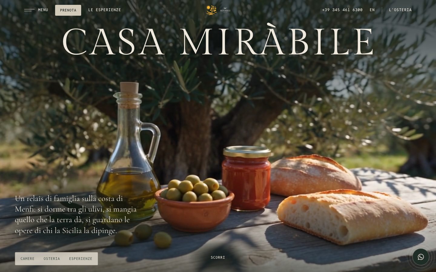The Casa Miràbile Relais home page, with the vineyard by the sea and the name across the width