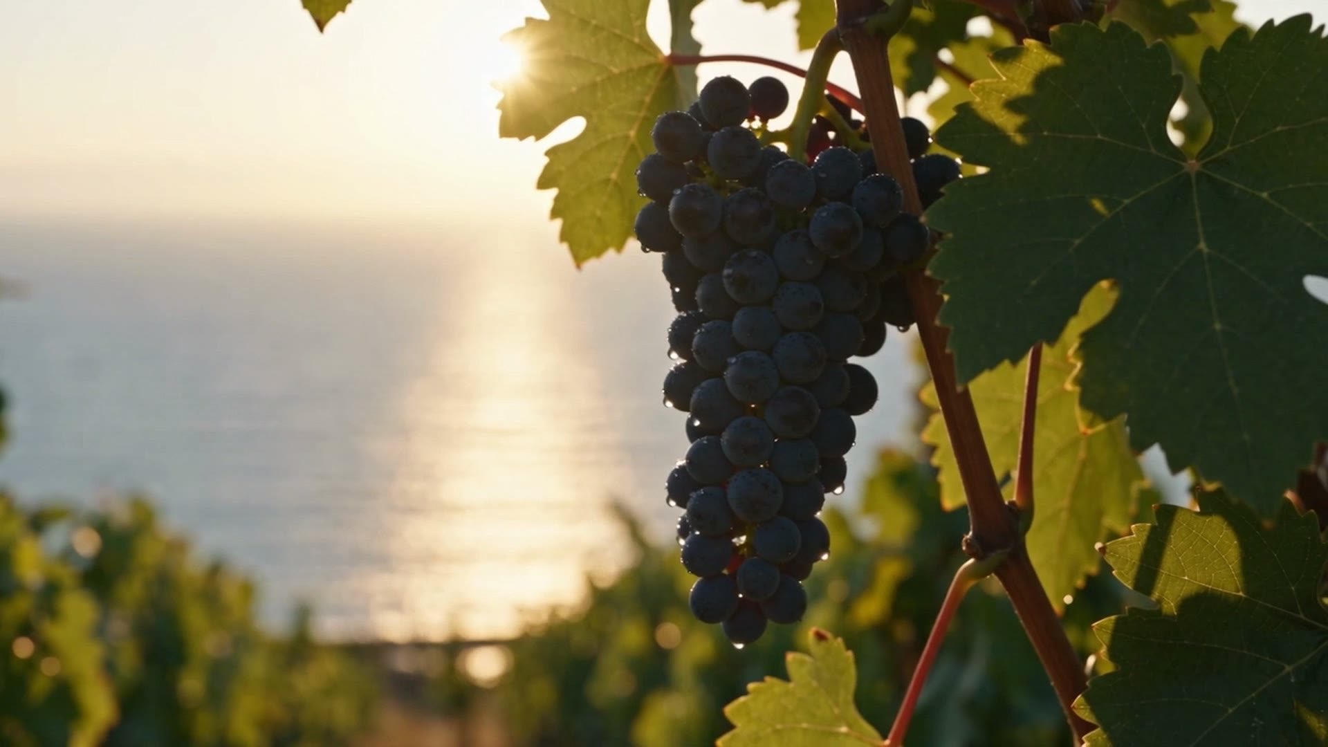 A bunch of black grapes on the vine, with the sea at sunset behind