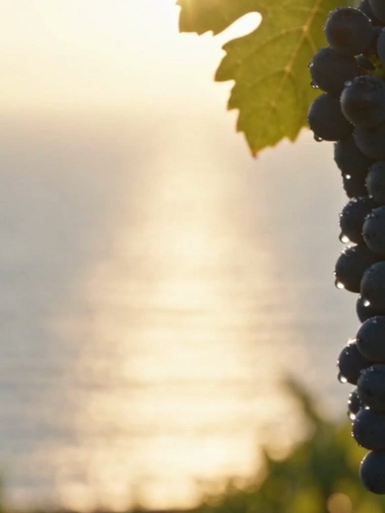 A bunch of black grapes on the vine, with the sea at sunset behind