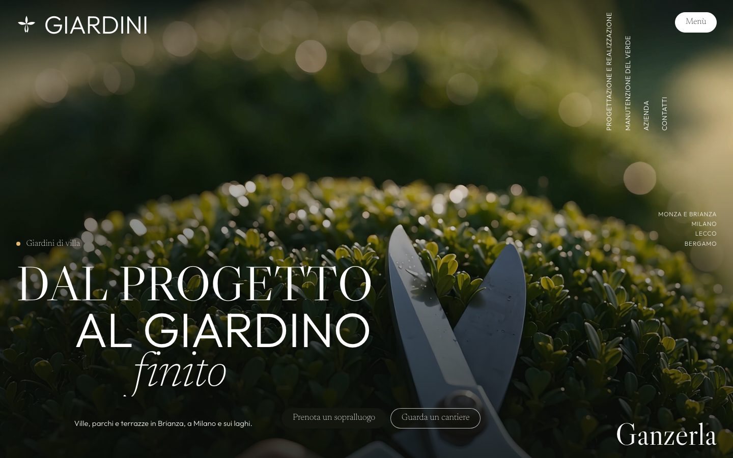 The Giardini Ganzerla home page, with the headline about design and the finished garden