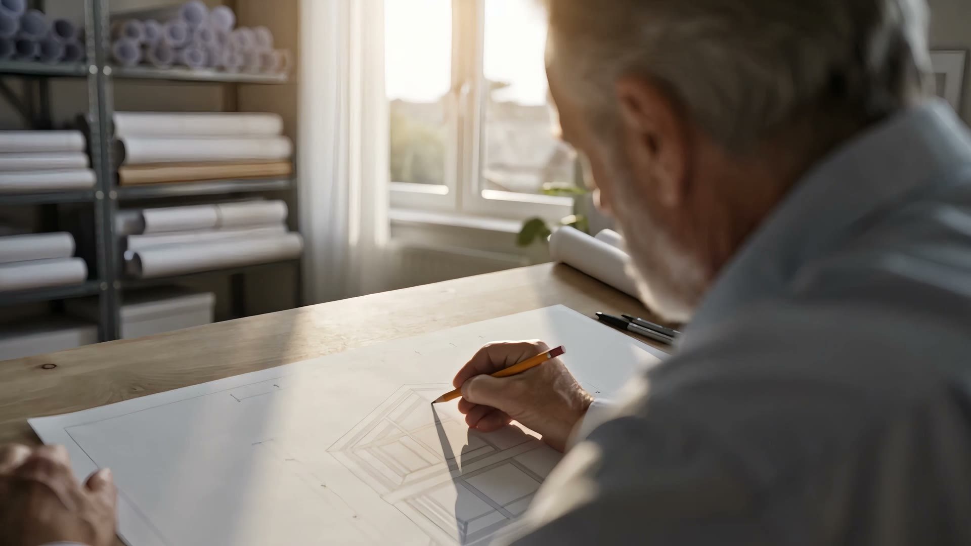 A pencil floor plan on a drawing table in afternoon light