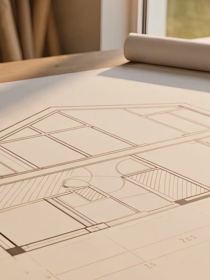 A pencil floor plan on a drawing table in afternoon light