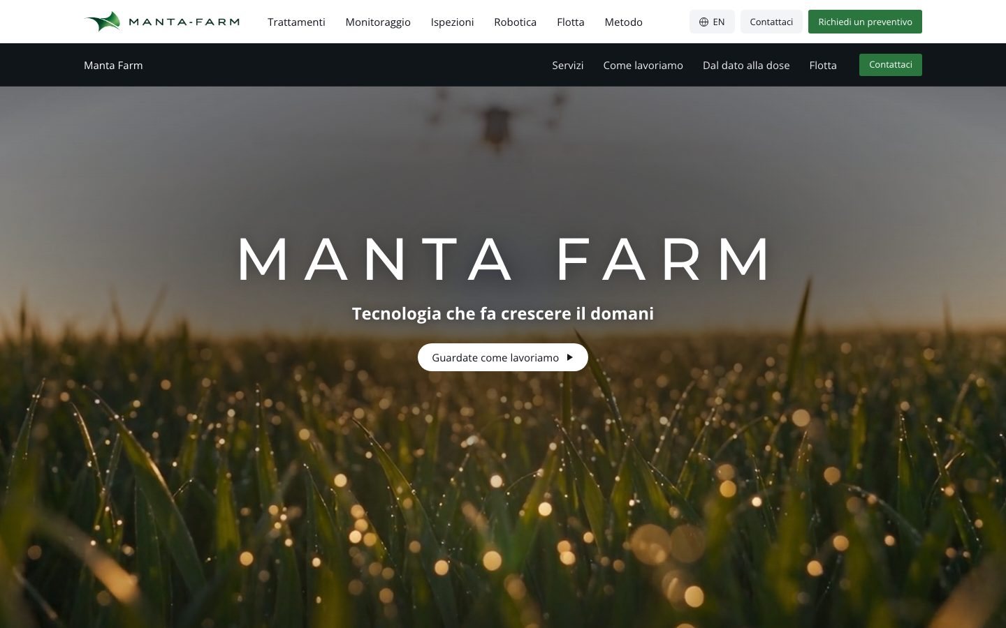 The Manta Farm home page, with the drone over a wheat field at dawn