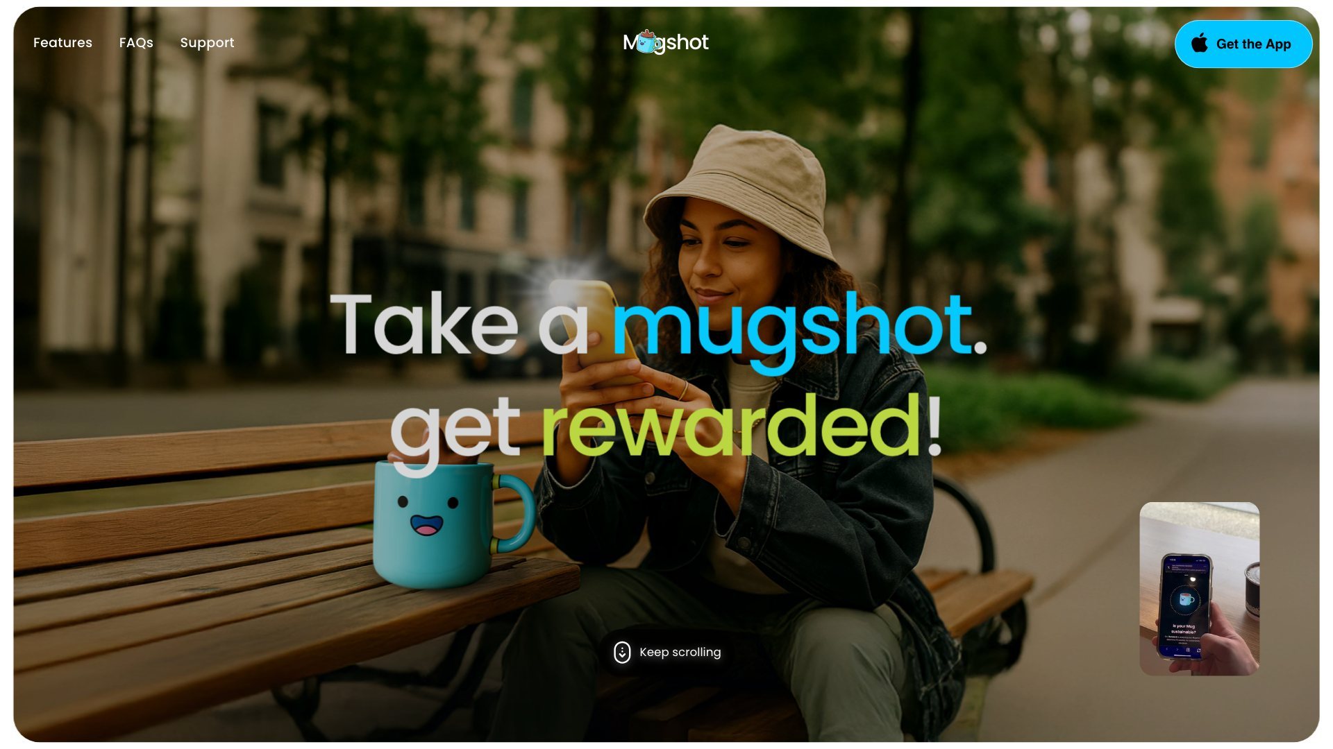 A woman in a bucket hat holding a reusable cup on a sunny bench