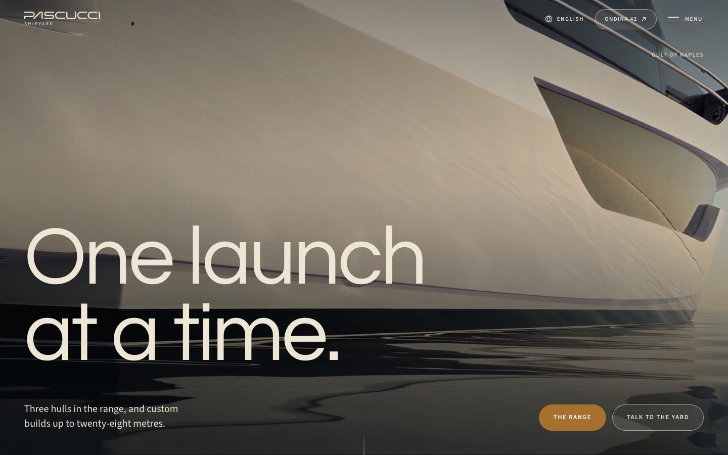 The Pascucci Yachts home page, with a white yacht on still water at dawn