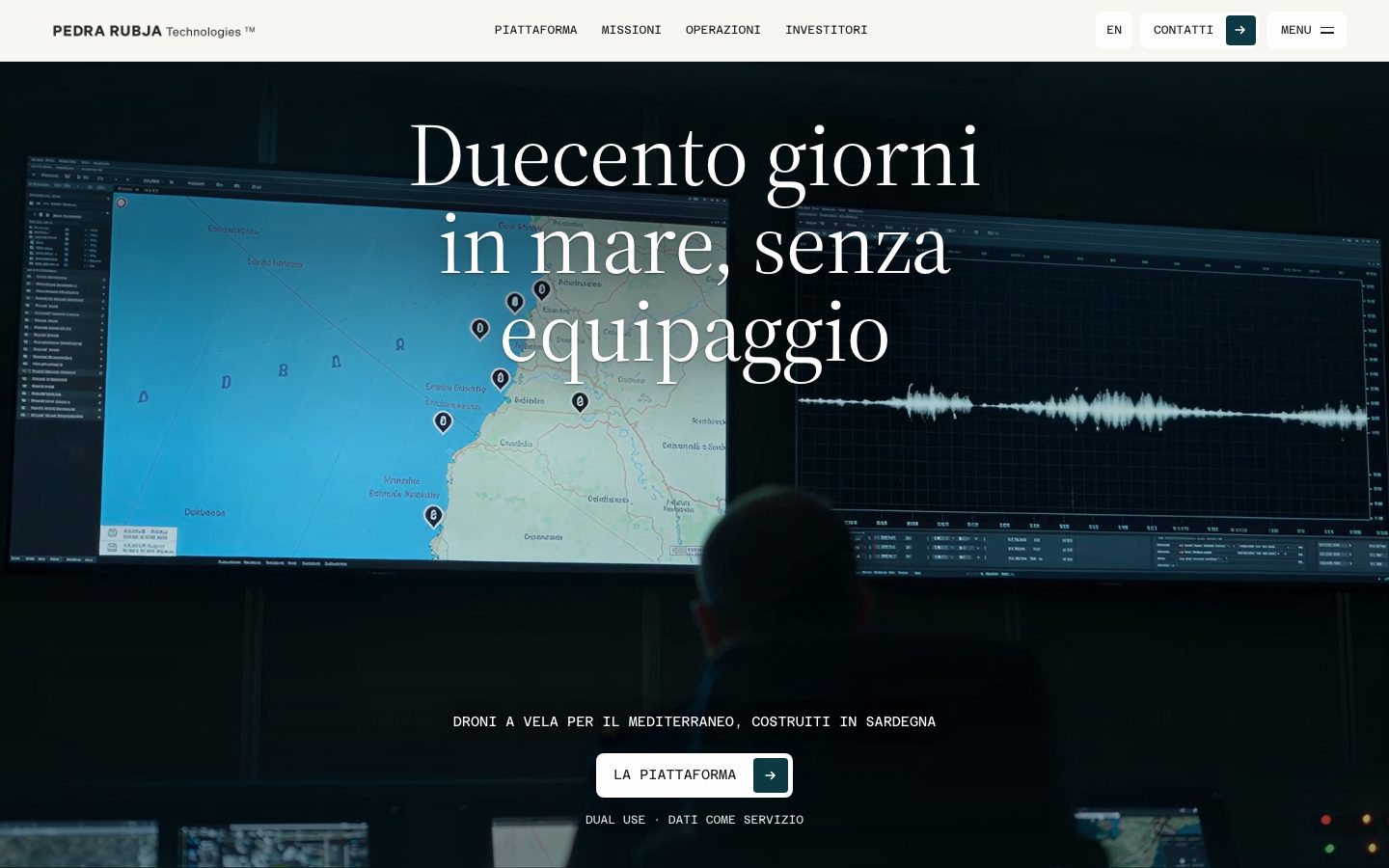The Pedra Rubja Technologies home page, with a sailing drone lowered into the harbour at dawn