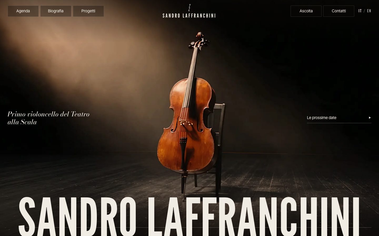 The Sandro Laffranchini home page, with his name in large type and the cello on stage