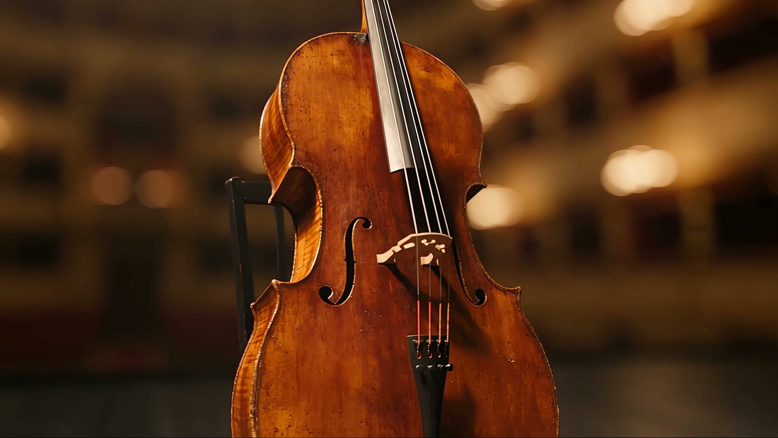 A cello standing on a dark stage in a beam of warm light