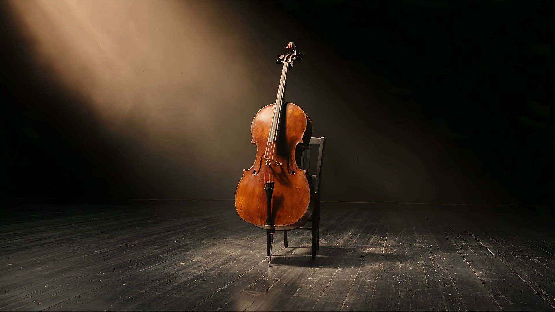A cello standing on a dark stage in a beam of warm light
