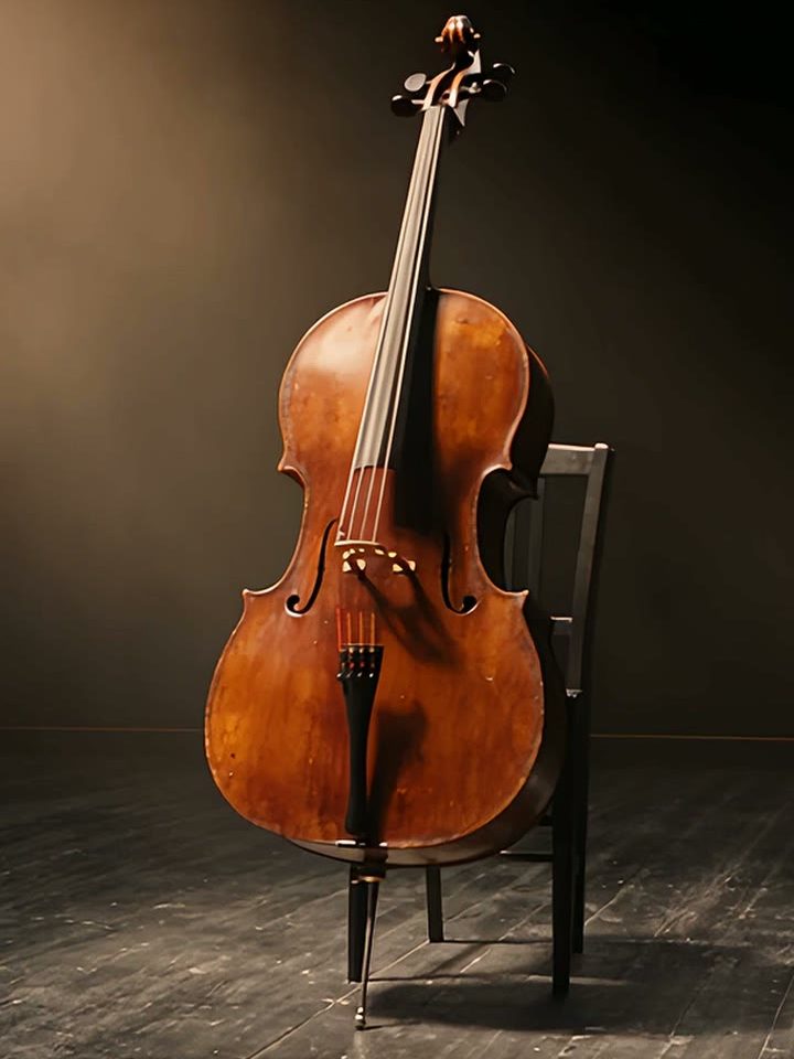 A cello standing on a dark stage in a beam of warm light