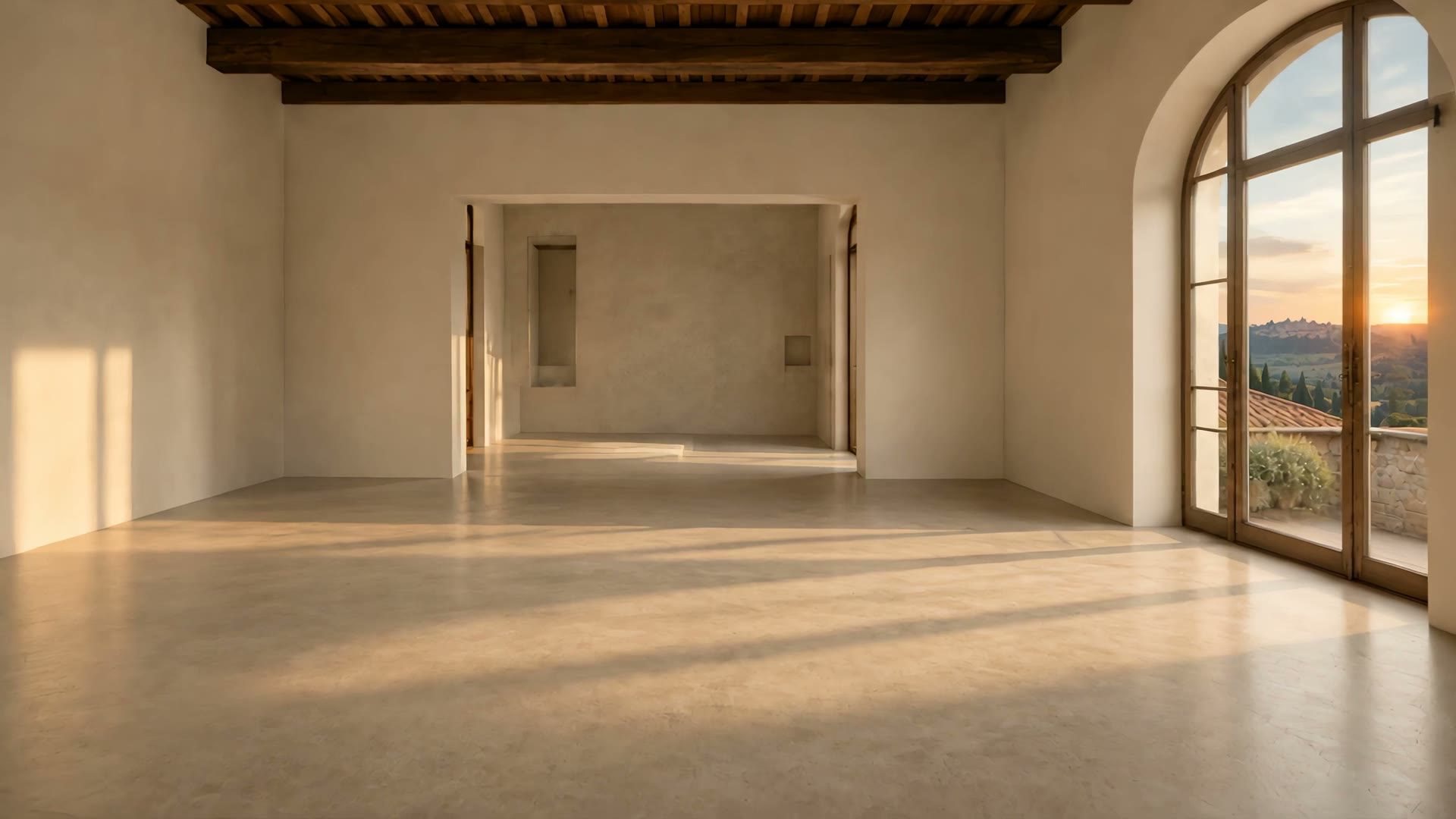 An empty room with wooden beams and an arched window over the hills