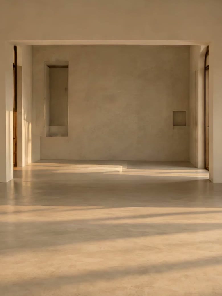 An empty room with wooden beams and an arched window over the hills