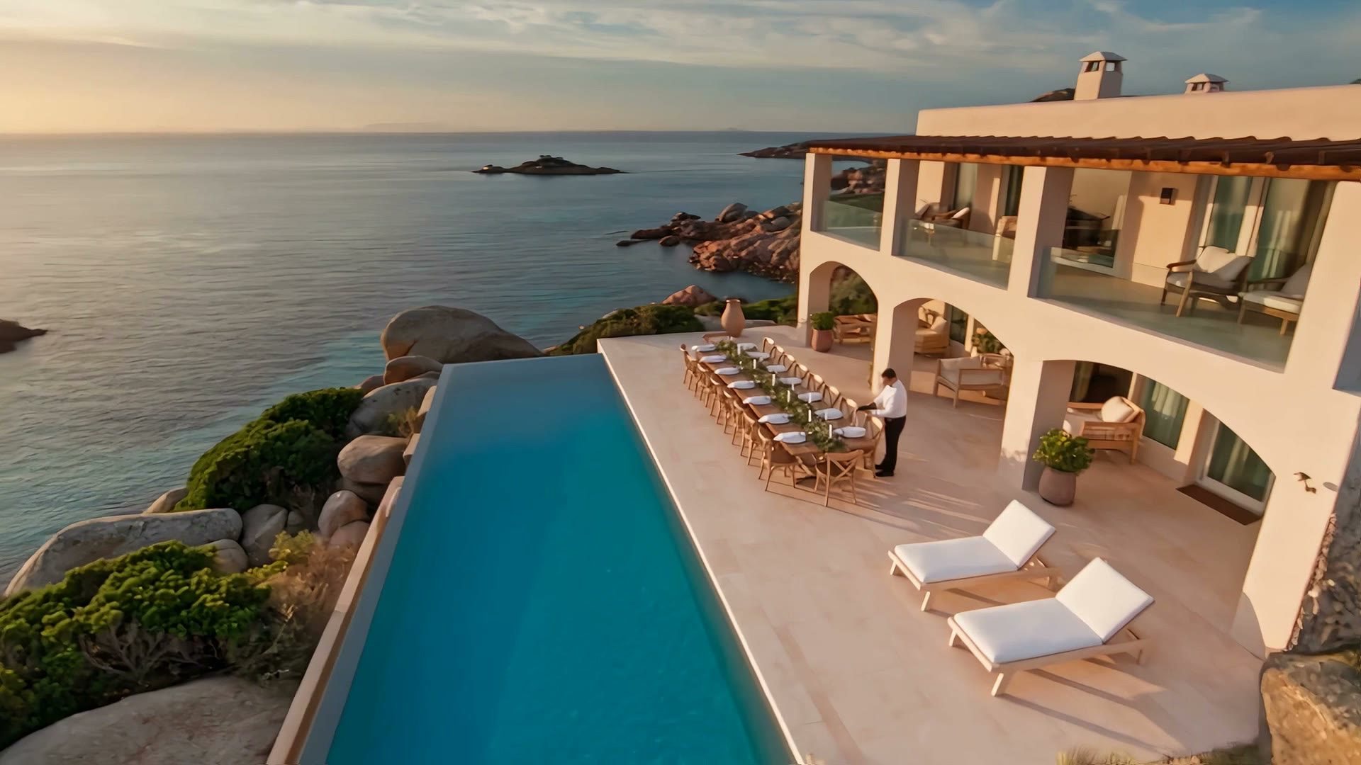 A villa terrace with an infinity pool on granite rocks at sunset