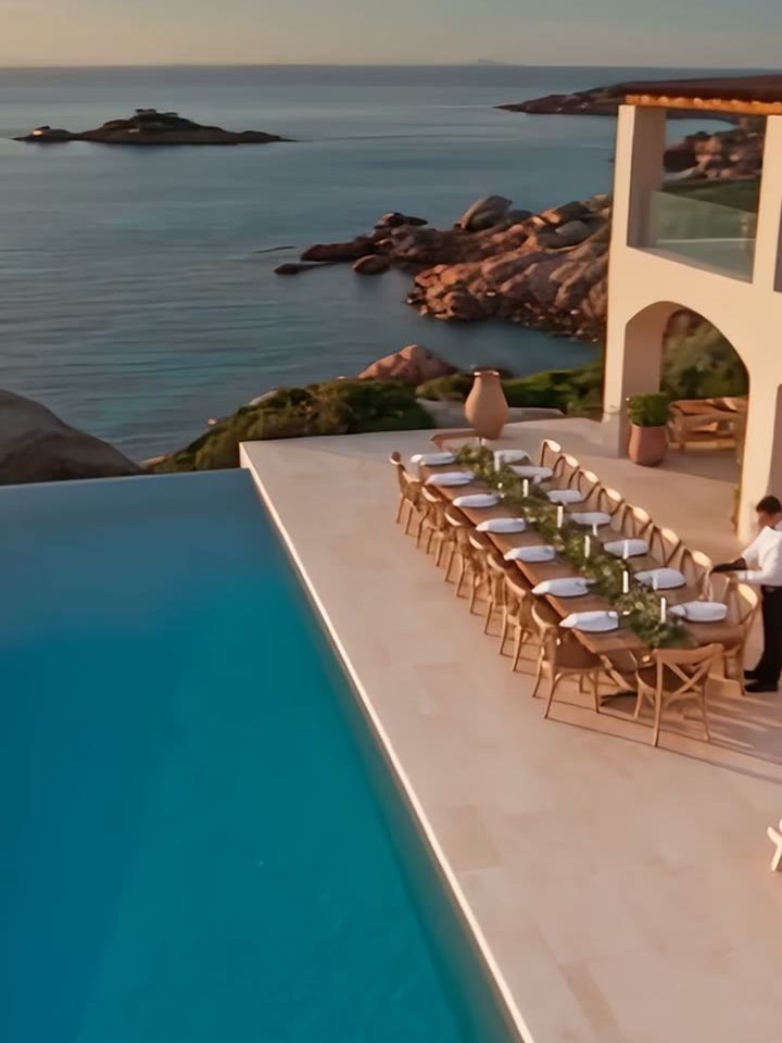A villa terrace with an infinity pool on granite rocks at sunset