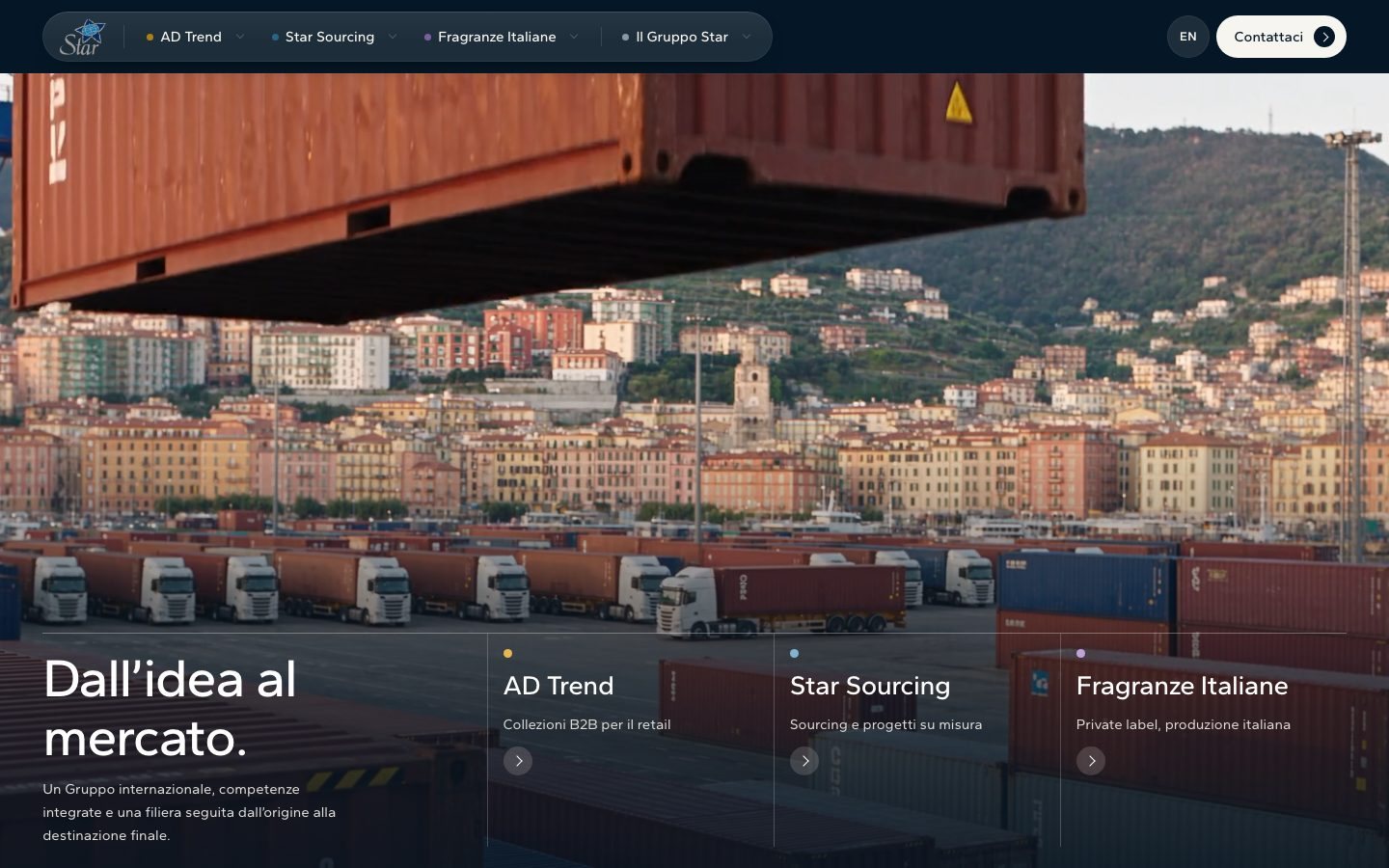 The Gruppo Star home page, with the Genoa headquarters from above at dawn and the headline