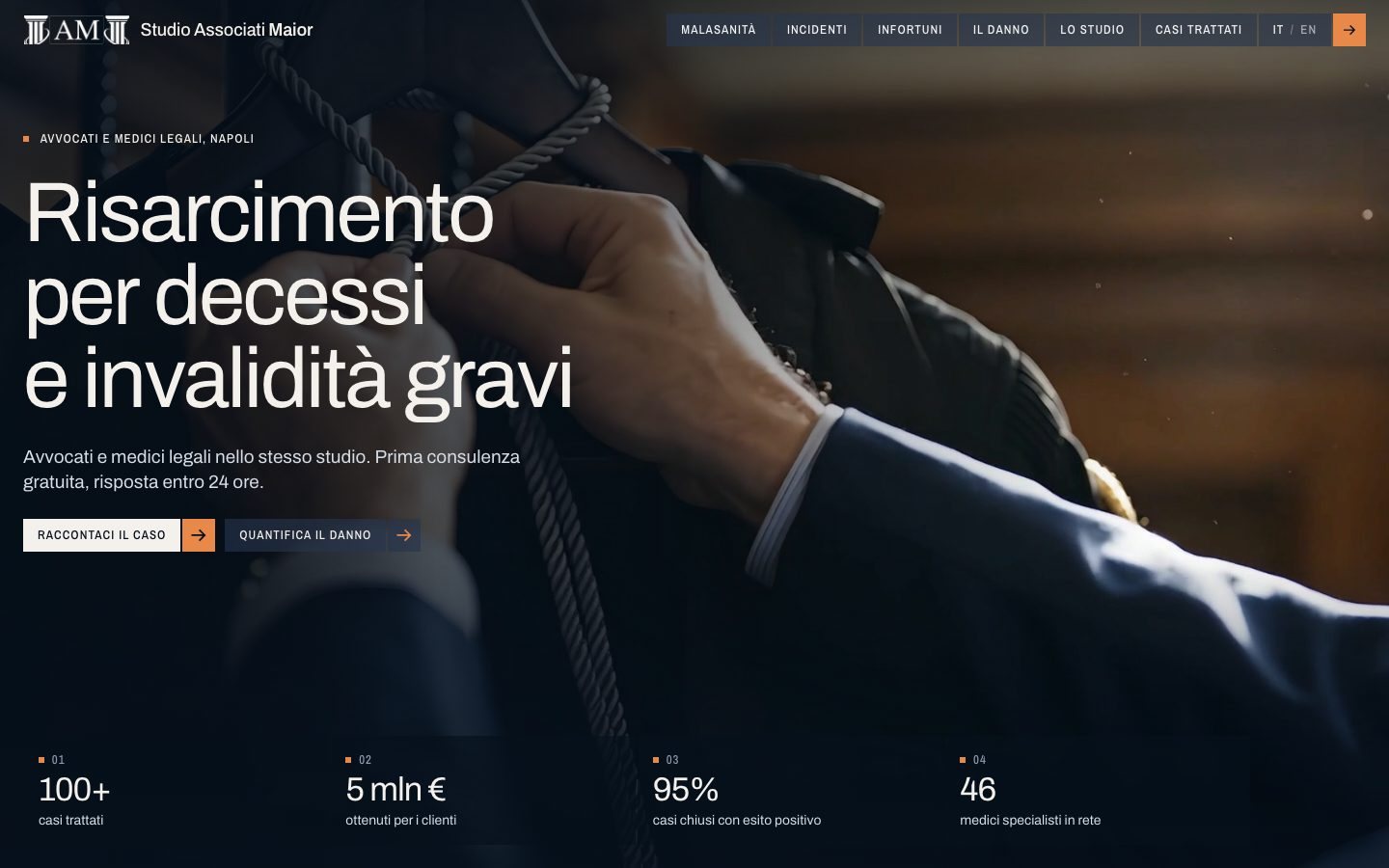 The Studio Associati Maior home page, with the headline on compensation for deaths and severe disabilities