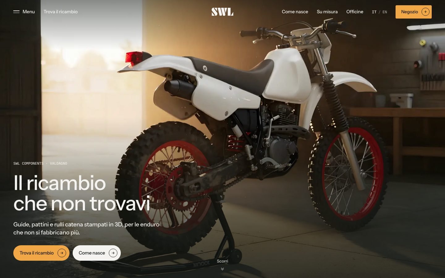 The SWL Components home page, with the headline and the bike in the workshop