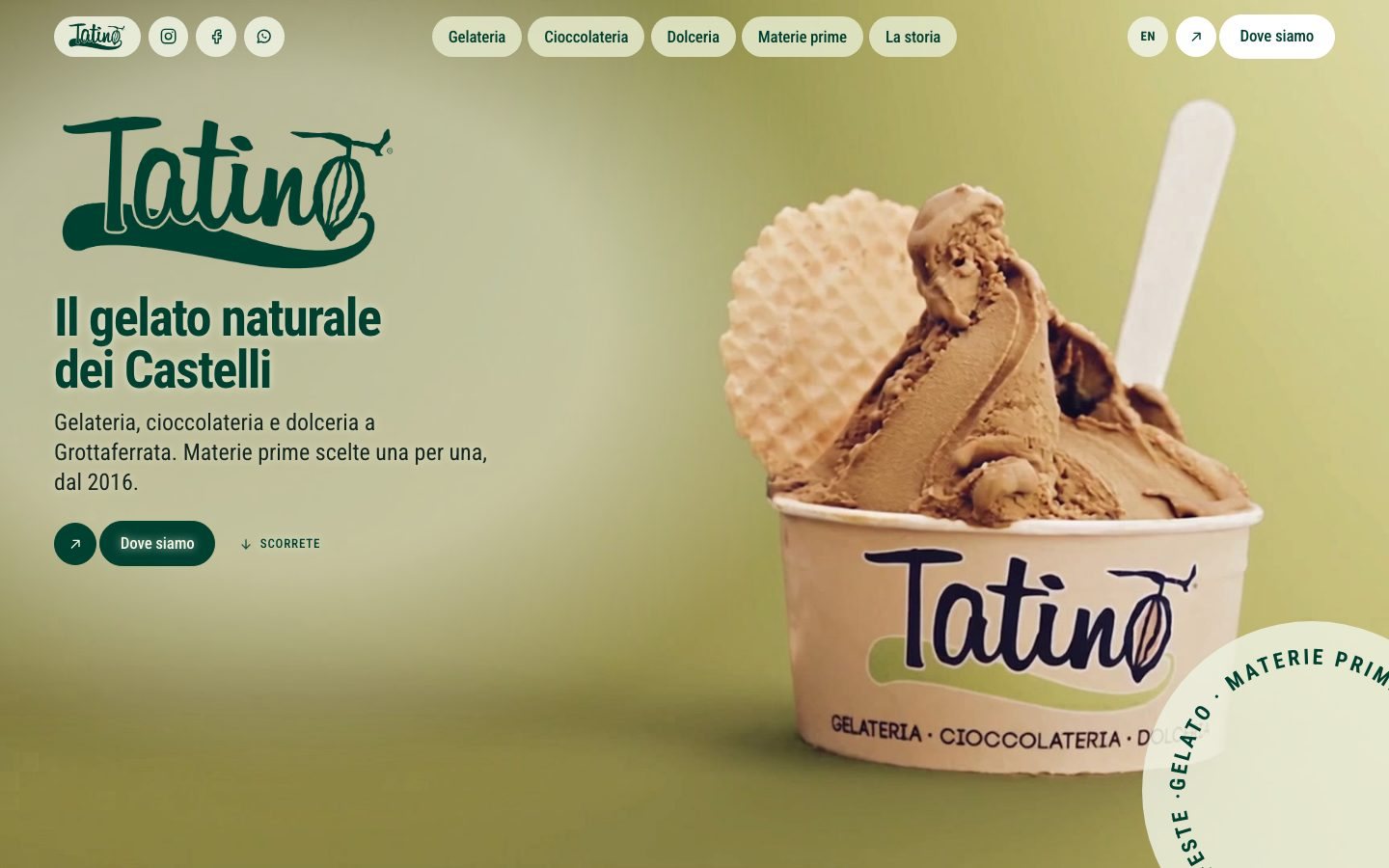 The Tatino home page, with the gelato cup and the headline on olive green