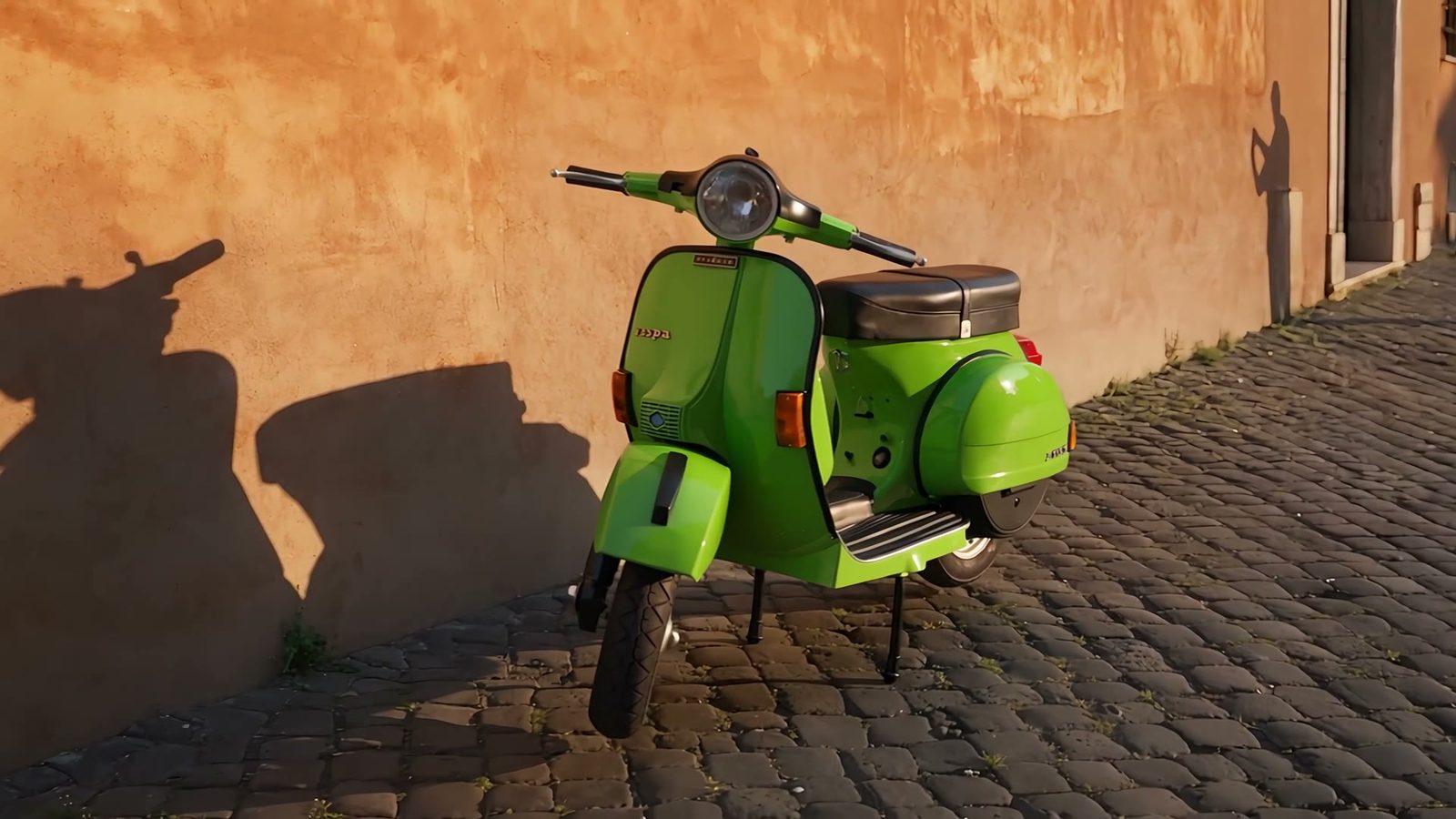 A green Vespa on Roman cobblestones