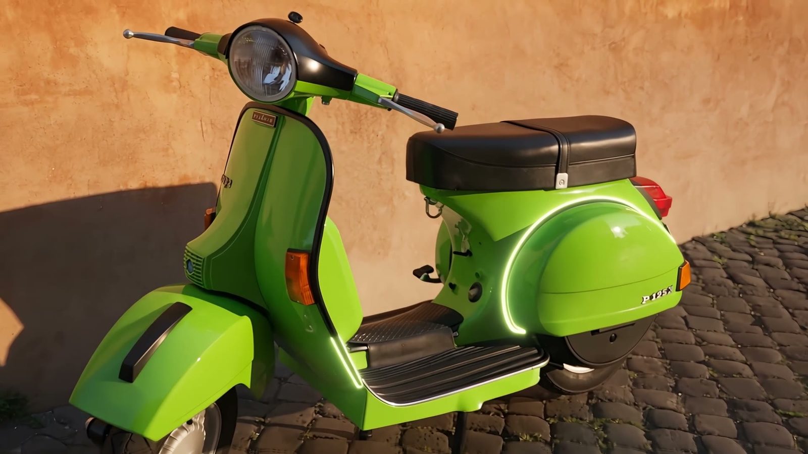 A green Vespa PX parked in a Rome alley against an ochre wall