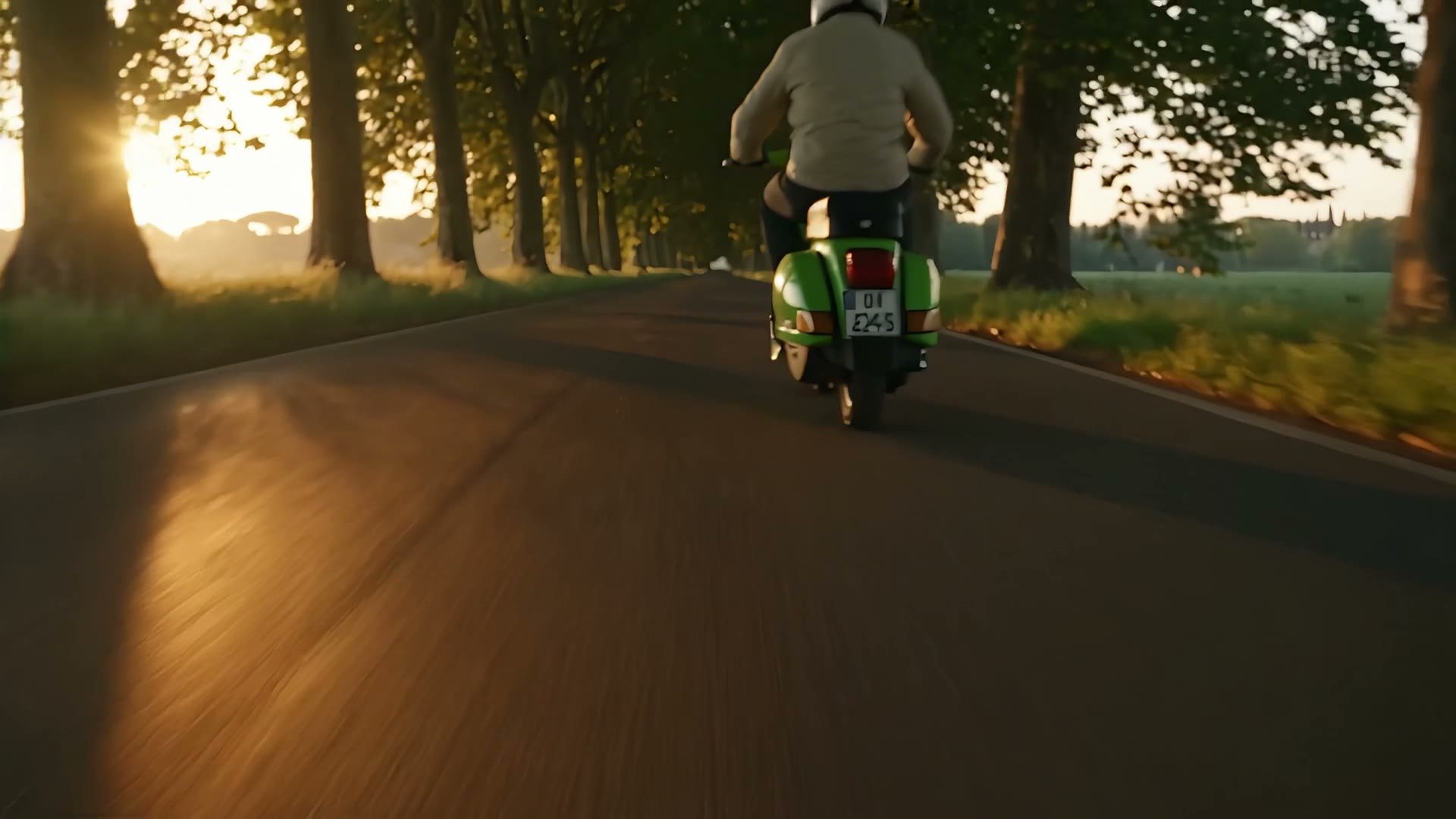 A green Vespa PX parked in a Rome alley against an ochre wall