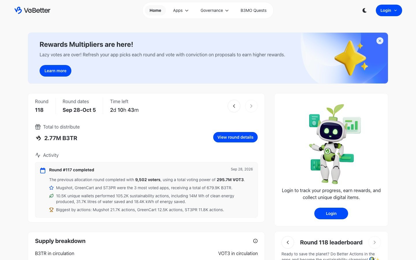 VeBetter governance, with the leaderboard of the round