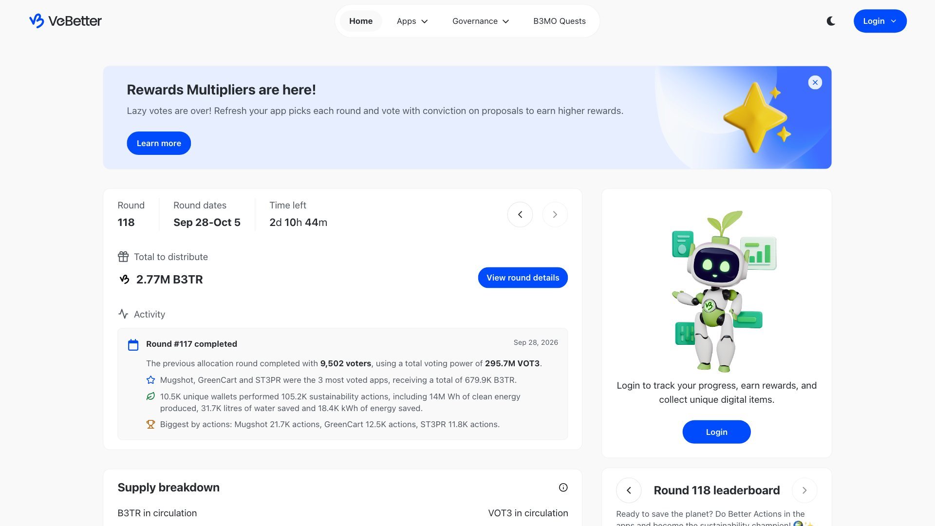The VeBetter governance dashboard with the current round and the funds to distribute