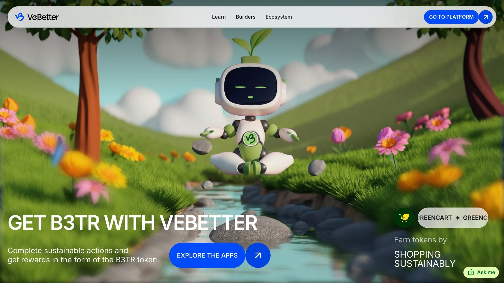 The VeBetter robot in a garden in bloom, with the line Get B3TR with VeBetter