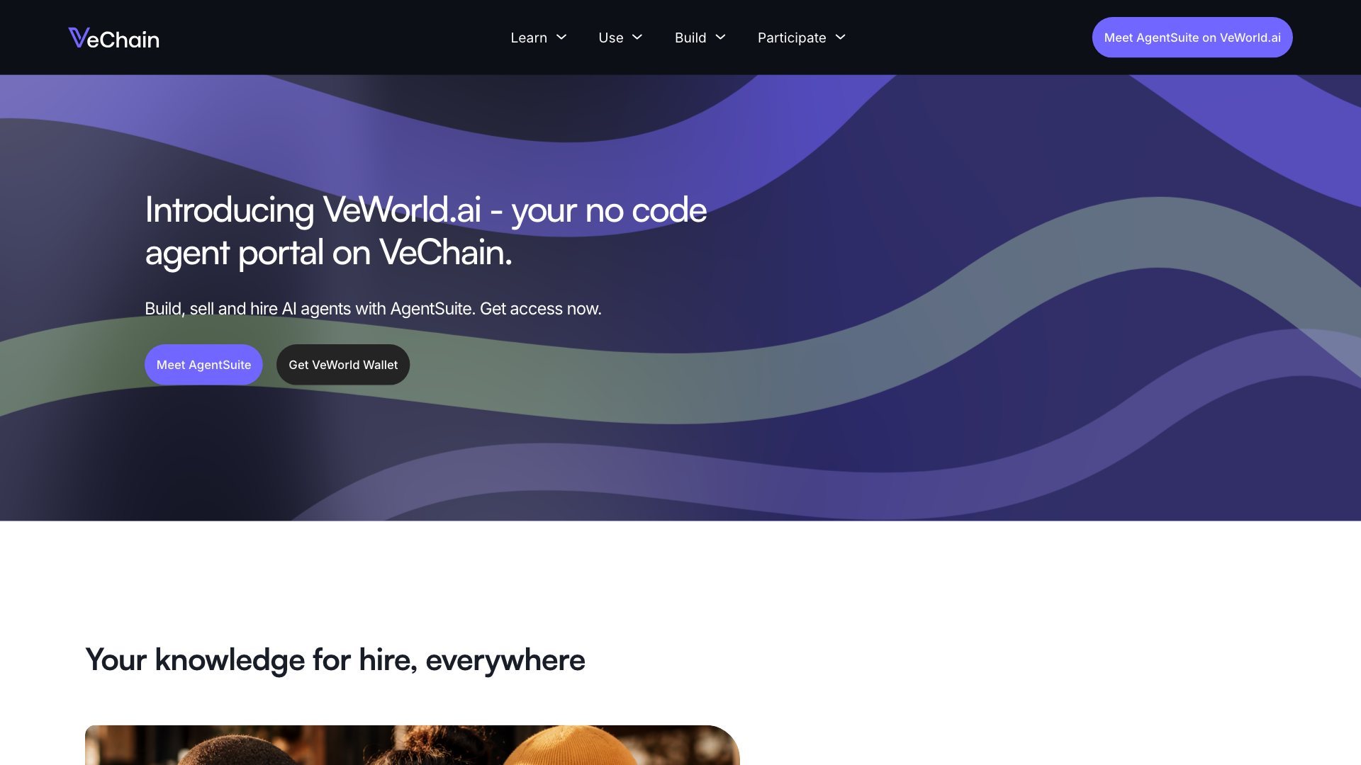 The VeChain home page announcing VeWorld.ai on a violet background