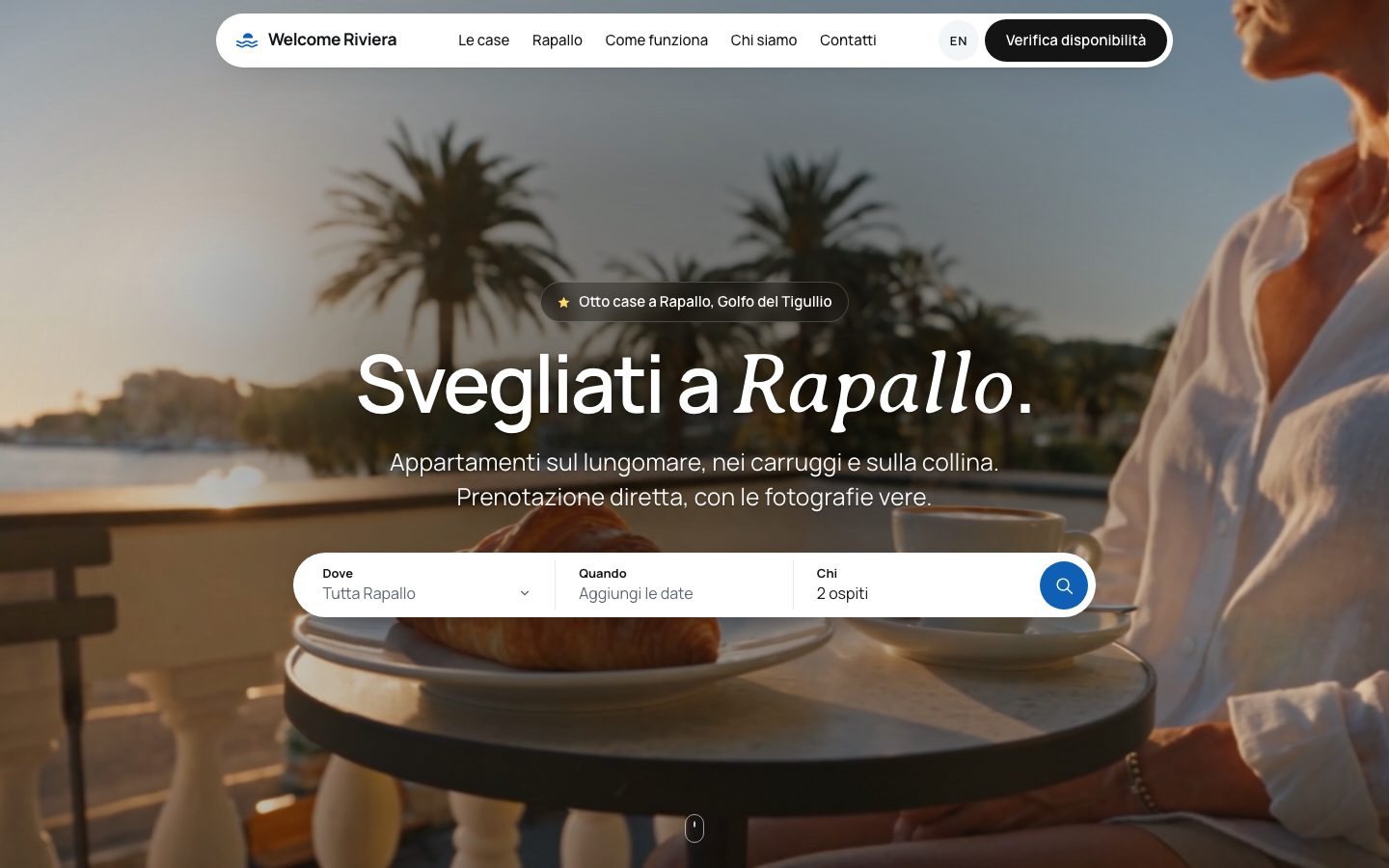 The Welcome Riviera home page, with a window open onto the sea at Rapallo and the search bar
