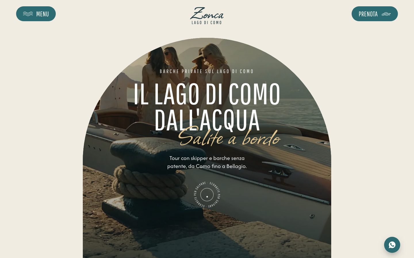 The Zonca home page, with the headline about Lake Como from the water and the boat at the jetty