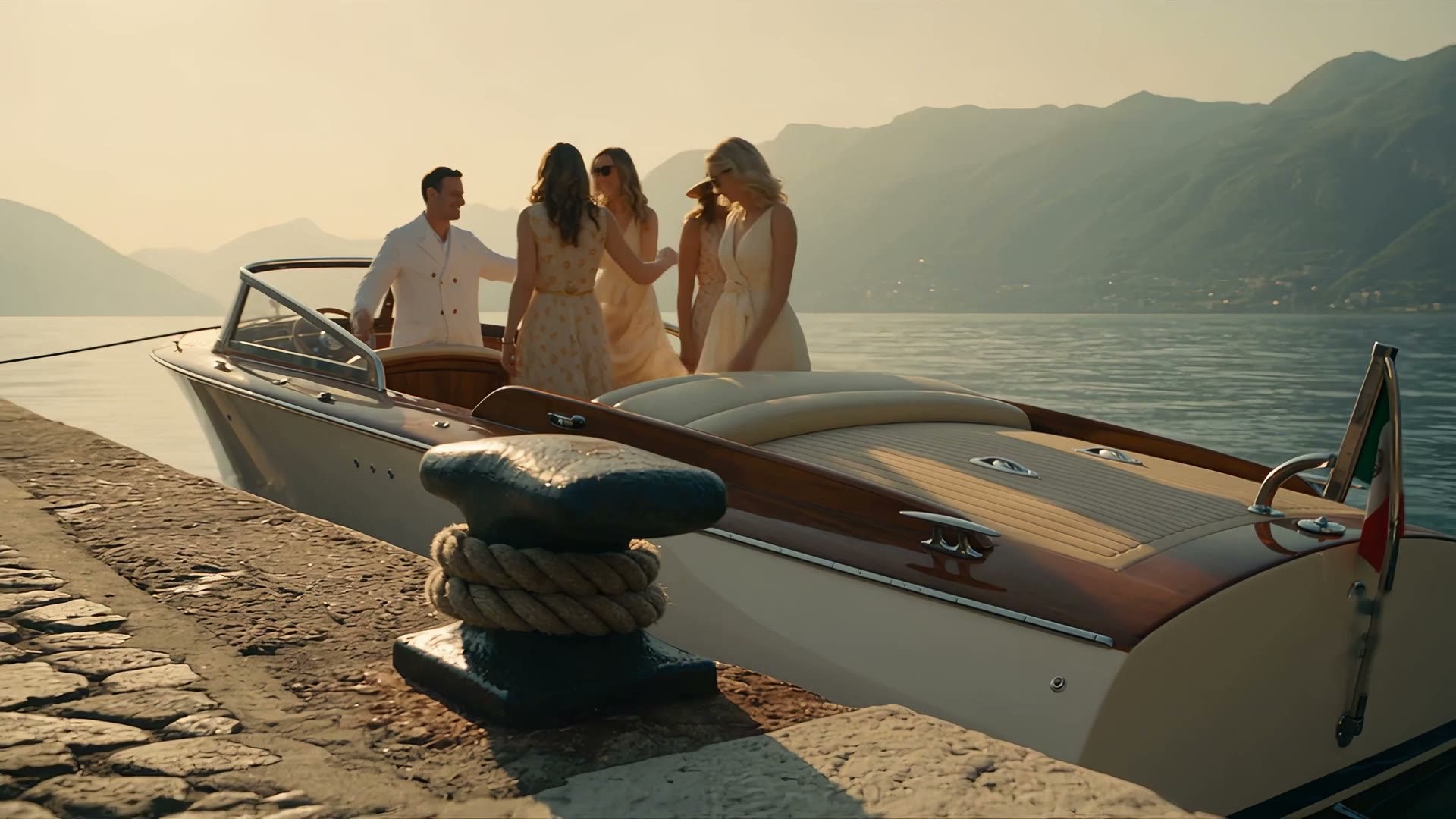Four friends boarding a wooden motorboat moored at a stone jetty