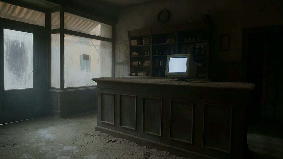 A dusty shop, with an old monitor glowing on the counter