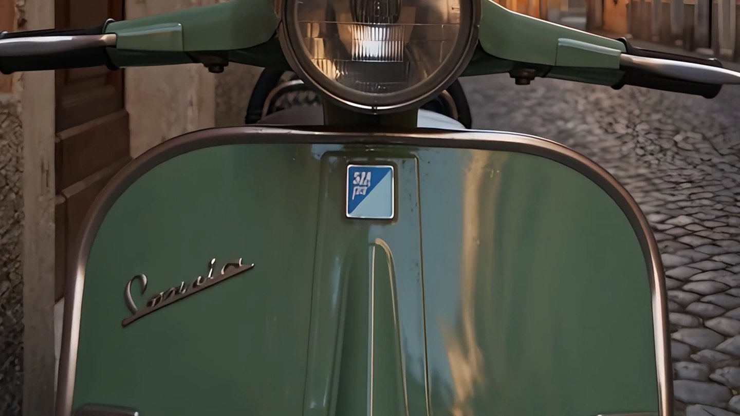 A scooter legshield with an invented script and badge